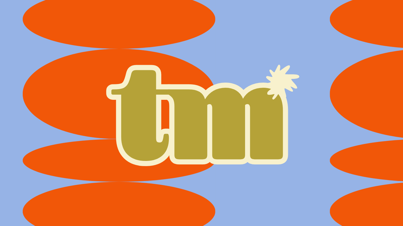 Retro-style graphic with large orange oval shapes on a blue background and the word 'tim' in tan with a white outline, featuring a small starburst on the letter 'm'.