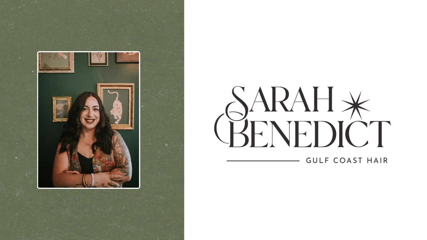 Logo for Sarah Benedict Gulf Coast Hair featuring a photograph of Sarah Benedict, a woman with dark wavy hair, tattoos, and a colorful vest, smiling in front of framed artwork on a green wall.