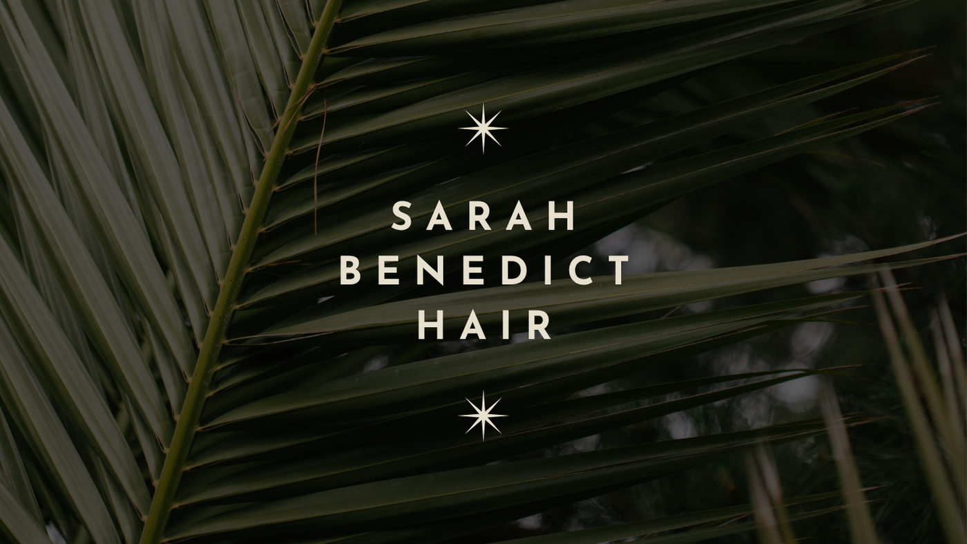 Text overlay with 'Sarah Benedict Hair' on a background of green palm leaves and star illustrations