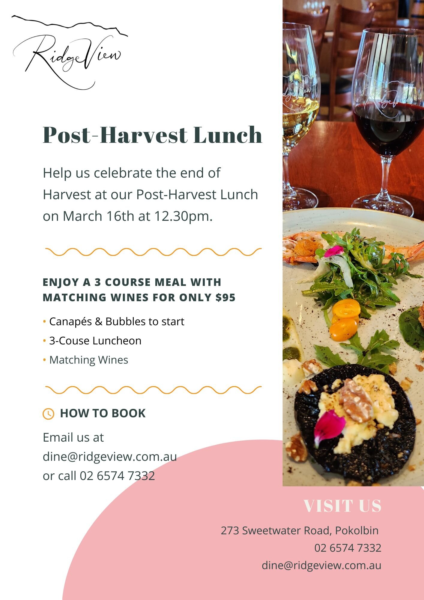 Join us at RidgeView for our annual Post-Harvest Lunch. Our Chef has planned a 3-course lunch with matching wines for you to enjoy in our restaurant looking out over the vines. Contact us at dine@Ridgeview.com.au or on 02 65744 7332 to book.
Menu in 