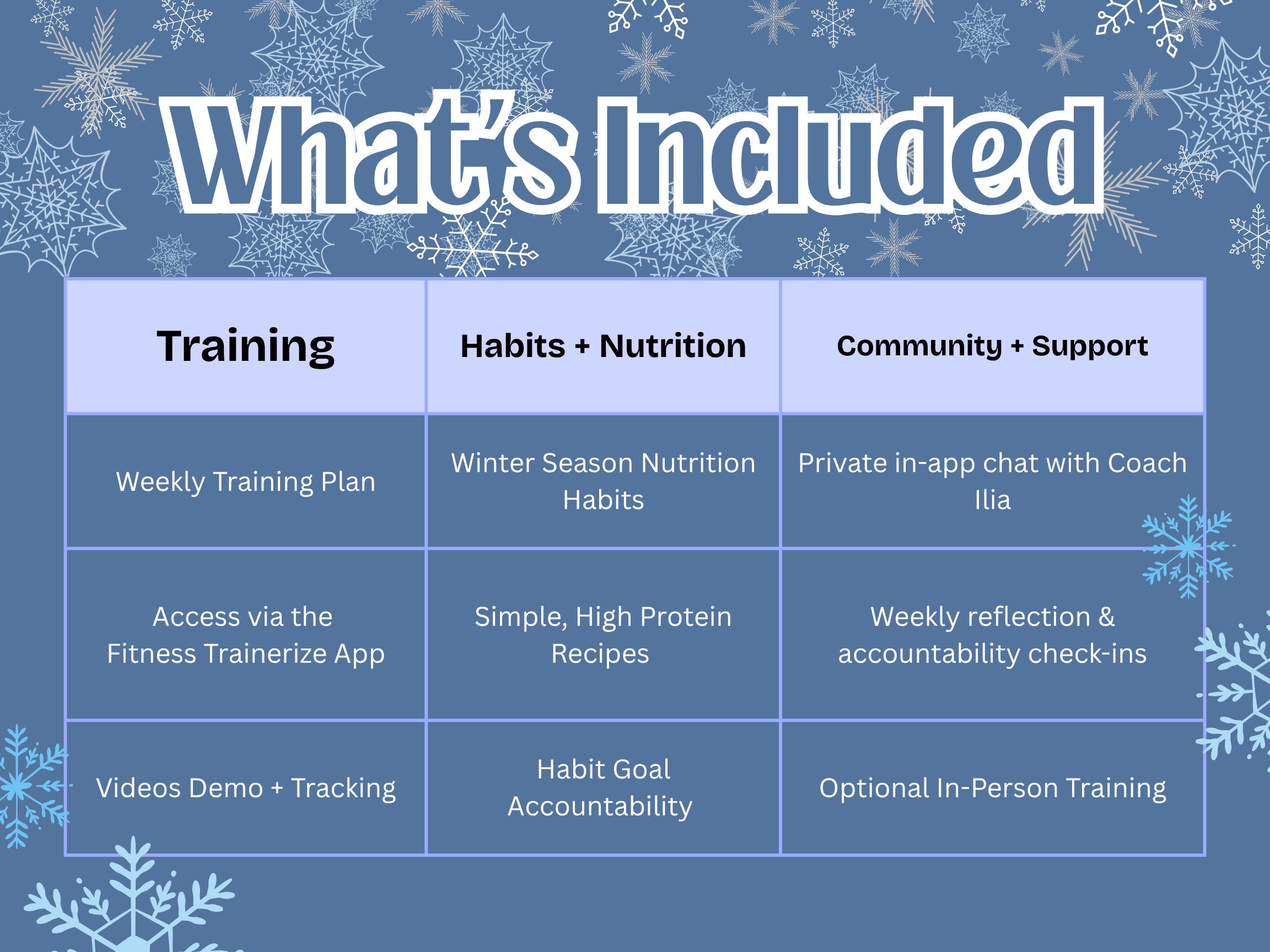 A holiday-themed chart titled "What's Included" with three columns labeled Training, Habits + Nutrition, and Community + Support. The chart lists various plans such as weekly training, nutrition habits, coaching chat, fitness app access, video demos, and habit accountability, all set against a blue background with snowflake decorations.