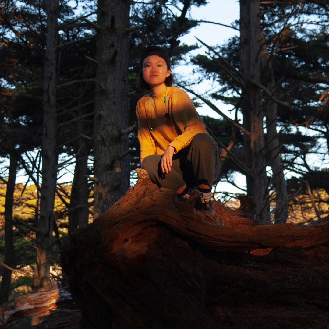 Alyson Wong wears an ochre crewneck sweatshirt, grey sweatpants, and Mondrian geometric socks and crouches with a calm demeanor atop a giant fallen tree with the setting sun and shadows from trees around falling on her