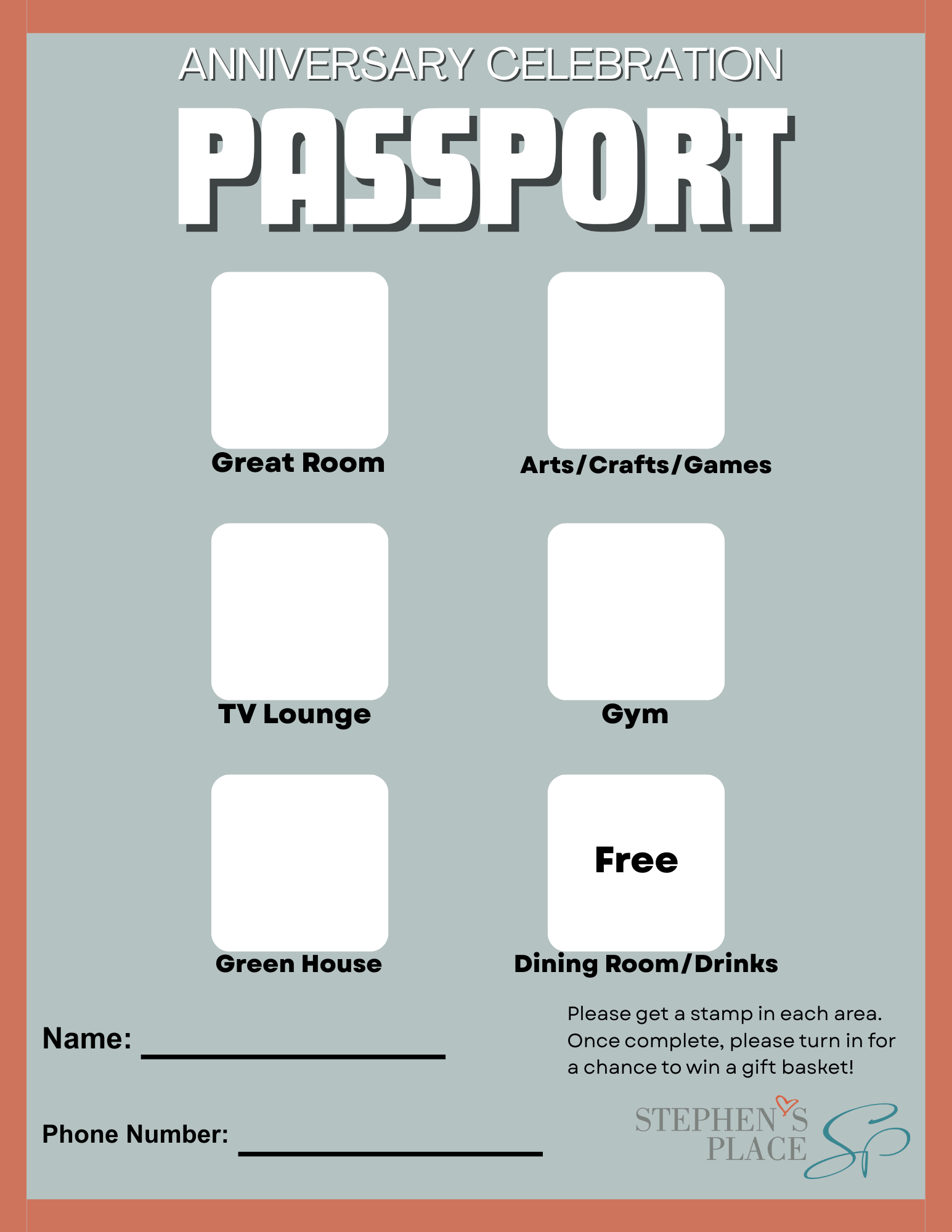 A blue and orange anniversary celebration passport with six squares labeled: Great Room, Arts/Crafts/Games, TV Lounge, Gym, Green House, and Dining Room/Drinks (Free). There are spaces for name and phone number at the bottom, with instructions to get