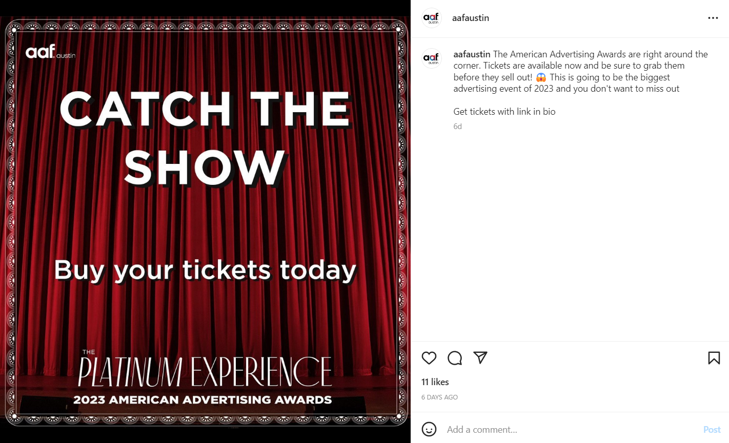 Red theater curtain with lights around the border advertising tickets for the 2023 American Advertising Awards, called the Platinum Experience, encouraging viewers to buy tickets.