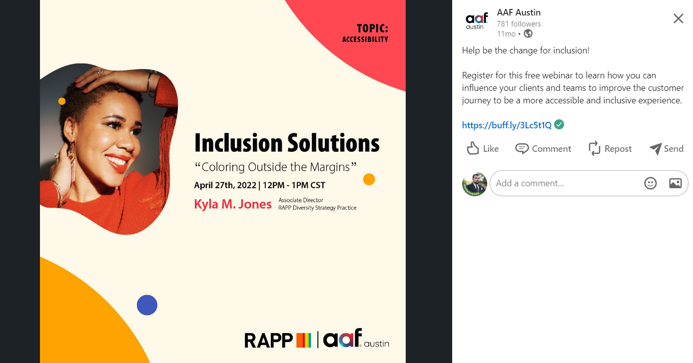 Event flyer for a webinar titled "Inclusion Solutions" featuring Kyla M. Jones, scheduled for April 27th, 2022, from 12 PM to 1 PM CST. The flyer emphasizes accessibility and diversity, with logos of RAPP and AAF Austin.