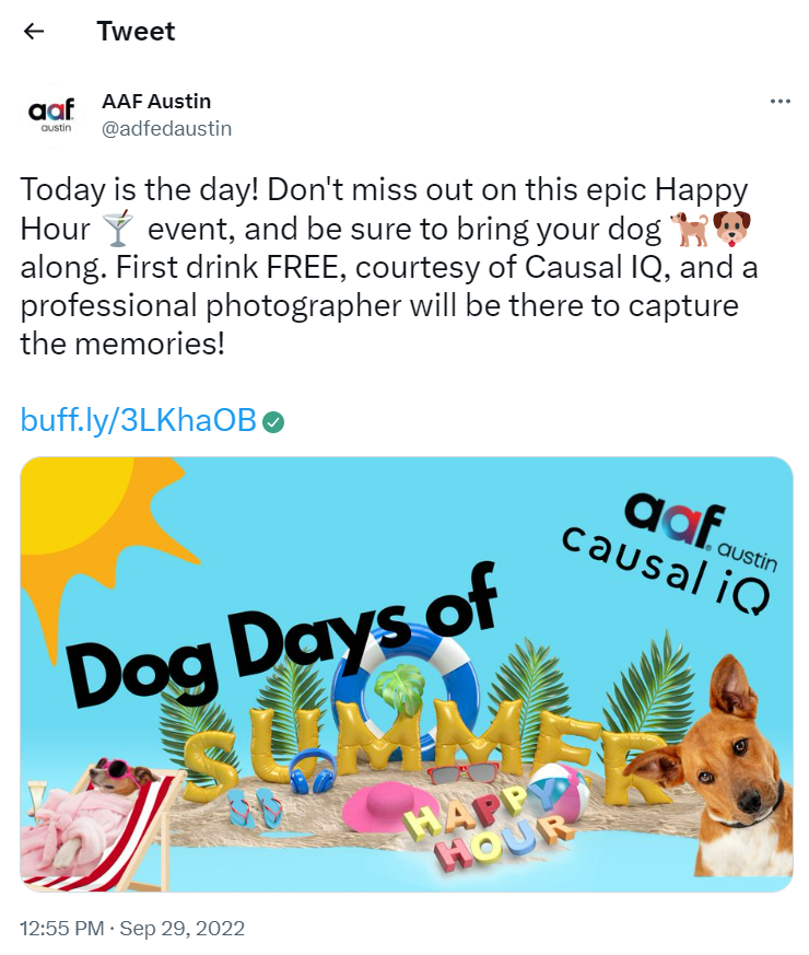 Bright promotional image advertising Dog Days of Summer happy hour event with a sun graphic, dog-themed decorations, and playful text.