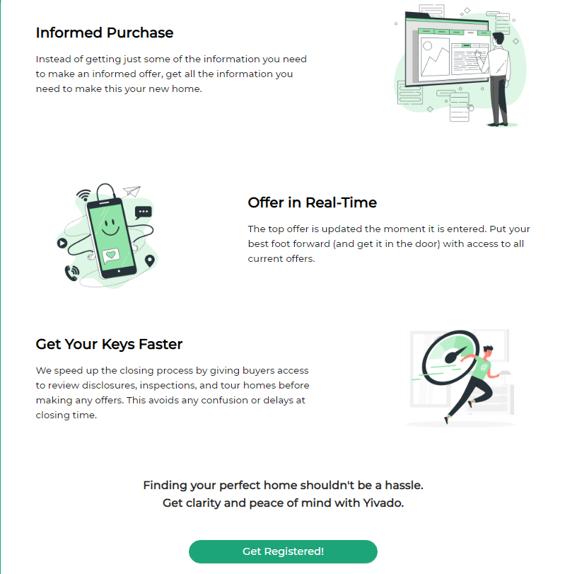 A digital marketing flyer for Vivado highlighting features like informed purchase, real-time offers, faster key access, and a call-to-action button to get registered, with illustrations of a person at a computer, a mobile device, and a person running