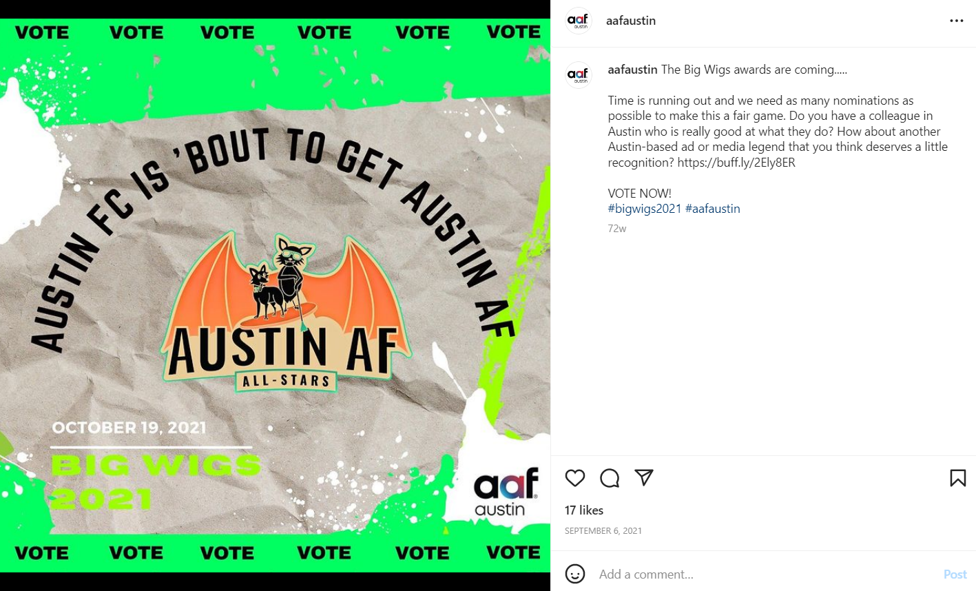 Poster announcing Austin FC's participation in the Big Wigs awards, featuring a cartoon dog with bat wings, the Austin FC logo, and bright green and black text with the date October 19, 2021.