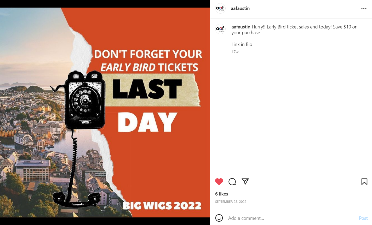 Promotional graphic for Big Wigs 2022, emphasizing the last day to buy early bird tickets with a $10 discount. Features torn paper effects, an illustrated vintage telephone, and a cityscape background with water and hills.