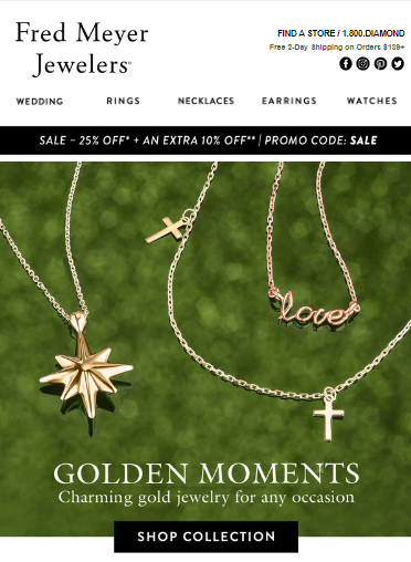 Three gold necklaces displayed on green background, one with a star-shaped pendant, one with a 'love' pendant, and one with a cross pendant, promoting Fred Meyer Jewelers' jewelry collection.