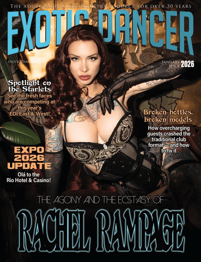 Rachel Rampage on the cover of Exotic Dancer Magazine for January 2026