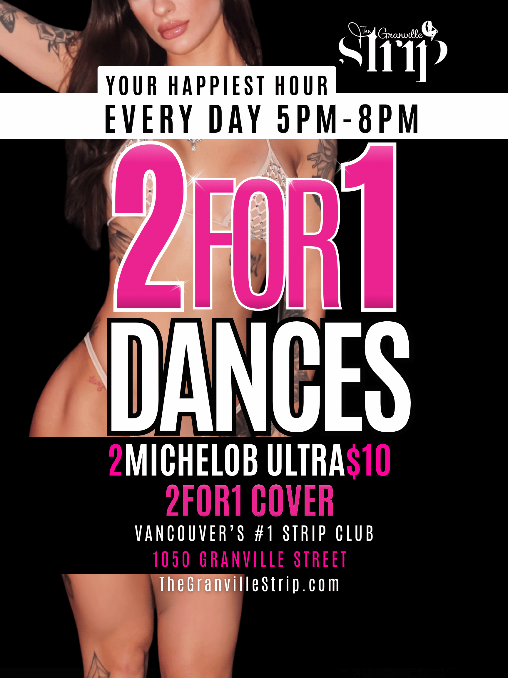 Promotional poster for Happy Hour at The Granville Strip Club Vancouver strip club