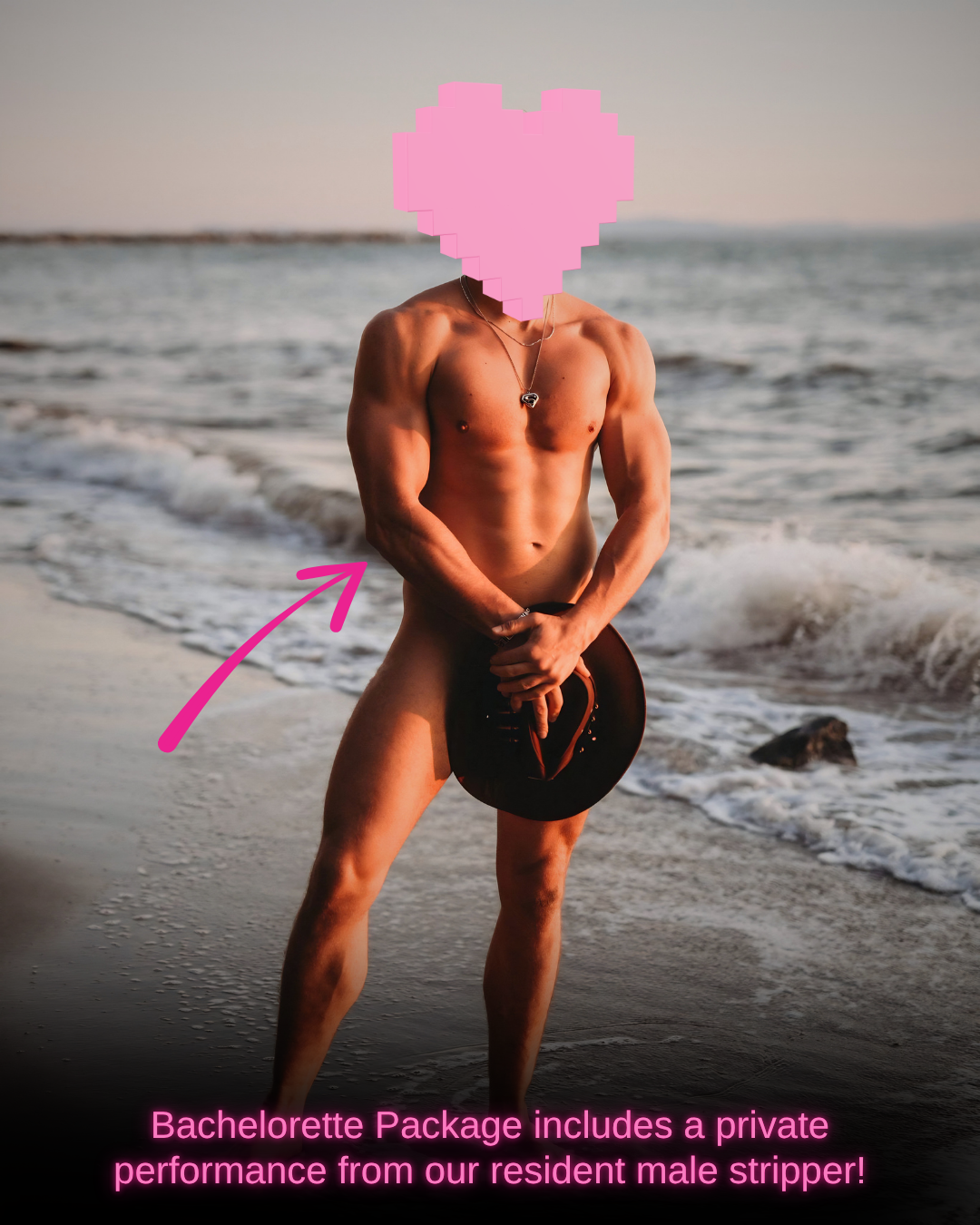 Male stripper posing on the beach to promote bachelorette packages at The Granville Strip Vancouver