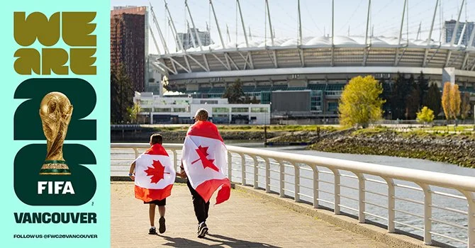 2026 World Cup Vancouver official host city branding image featuring BC Place and the world cup logo