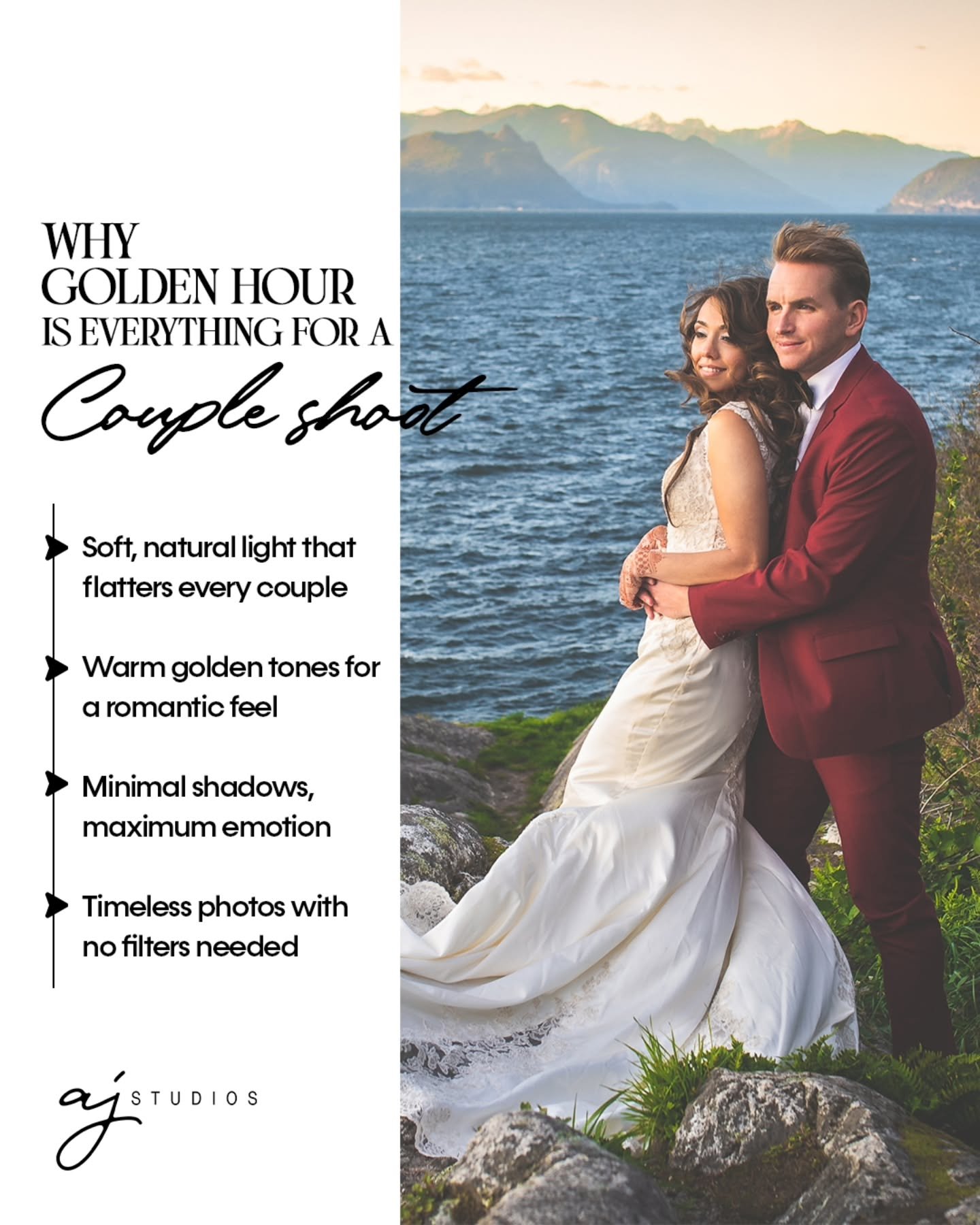 Watch the sun set, and your love rise. 
Golden hour makes every moment magical. Every touch, every look &mdash; captured in perfect light.
Book your couple session with AJ Studios today and hold onto those moments forever.

Now booking in Vancouver, 