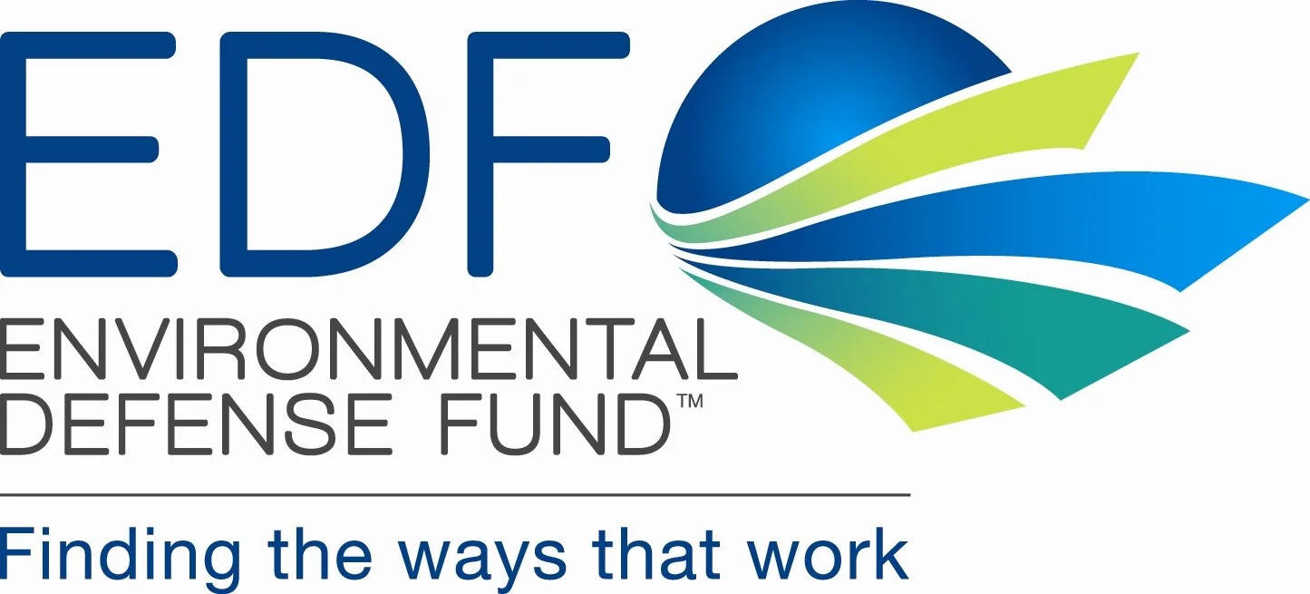 Logo of the Environmental Defense Fund featuring a spherical green and blue leaf and the text 'EDF ENVIRONMENTAL DEFENSE FUND' with the slogan 'Finding the ways that work'.