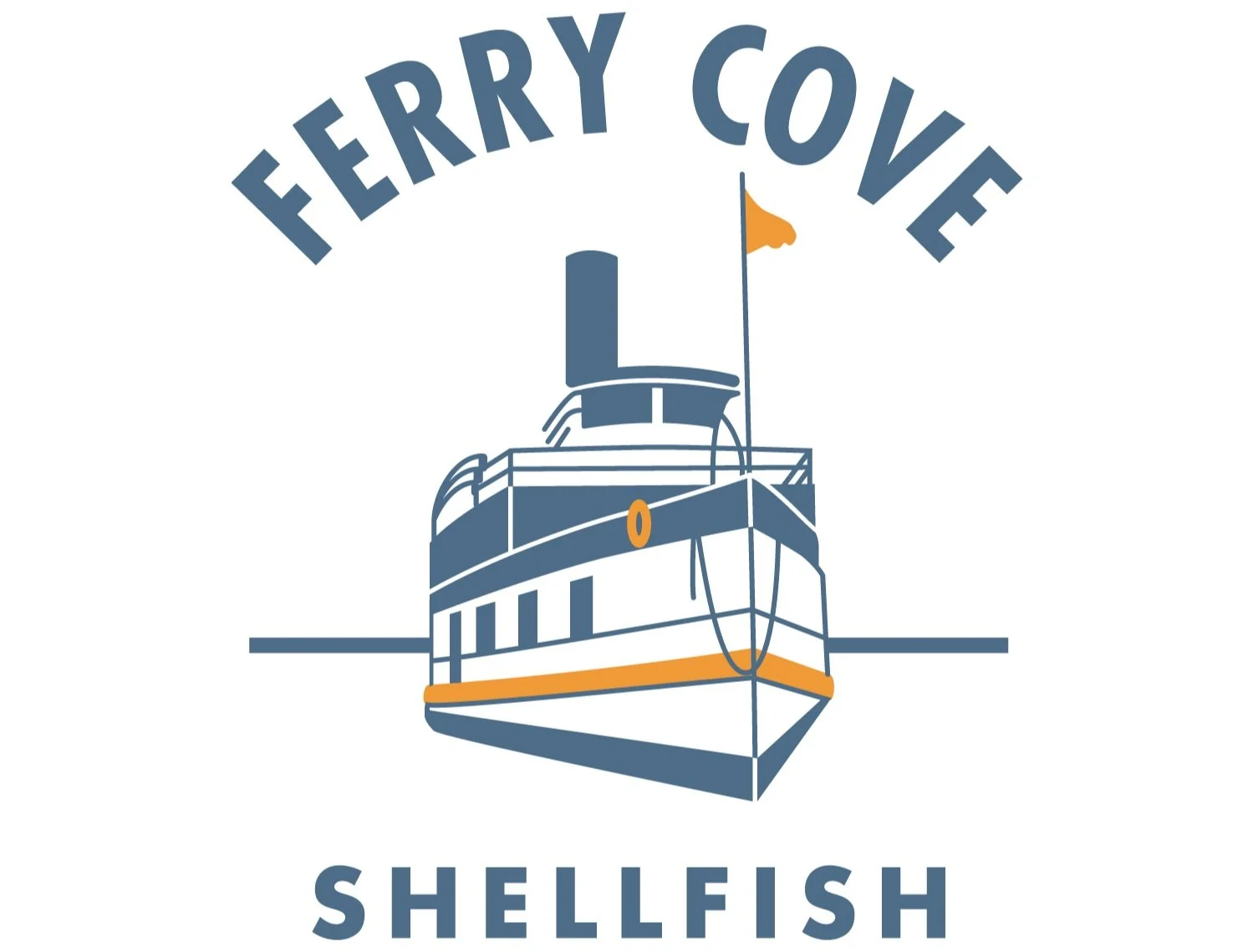 Logo of the Ferry Cove Shellfish featuring a stylized boat with a flag and the text "Ferry Cove Shellfish" around it.