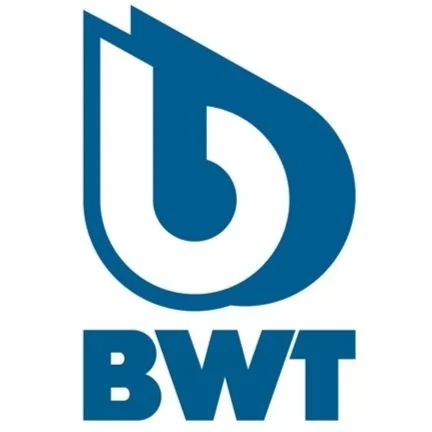 Blue logo with a stylized letter 'b' inside a droplet shape and the text 'BWT' below it.