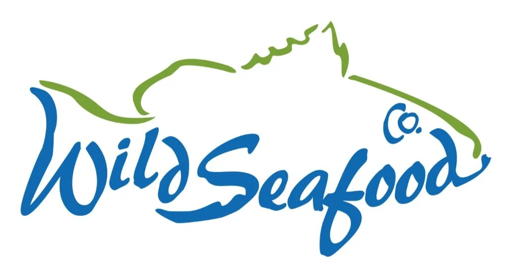 Logo with stylized green fish outline and the text "Wild Seafood" in blue