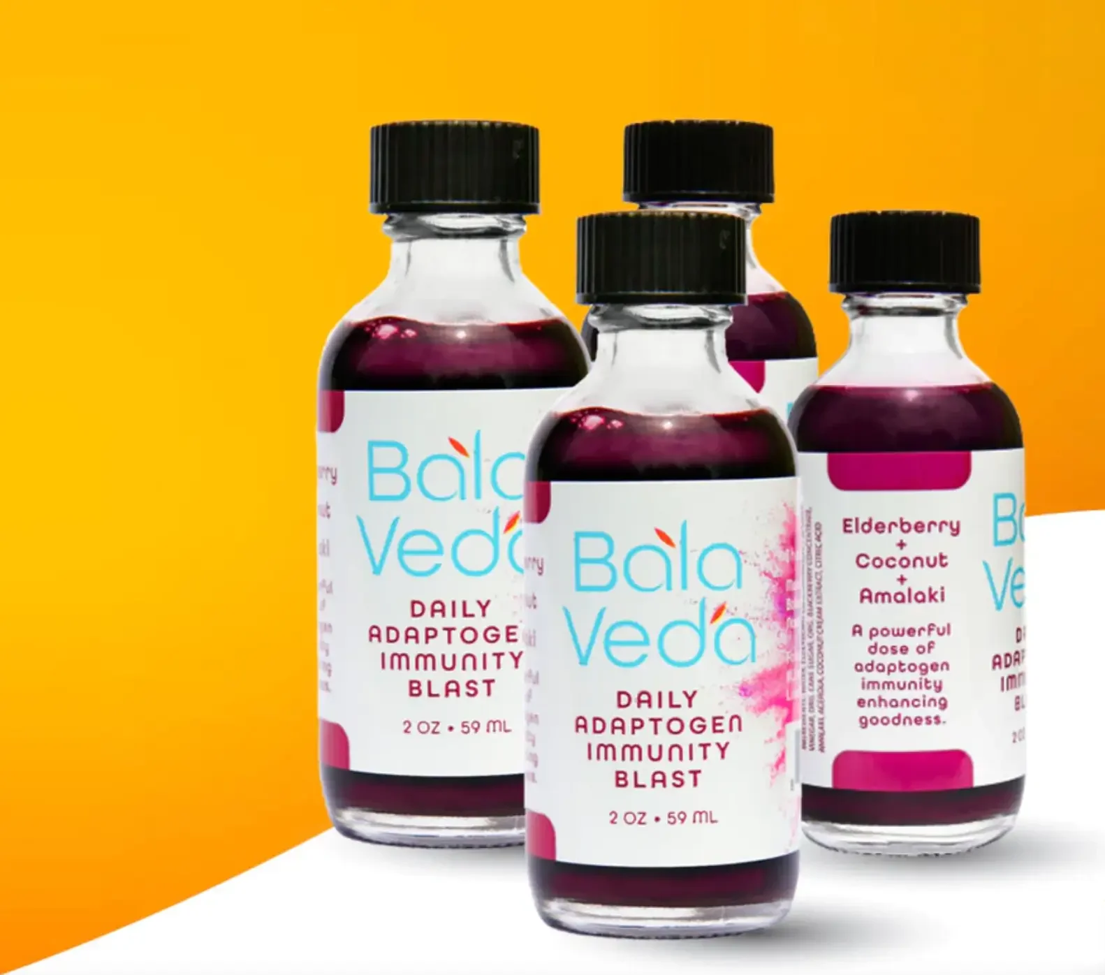 Four bottles of Bala Veda Daily Adaptogen Immunity Blast with elderberry, coconut, and amalaki on a yellow and white background.