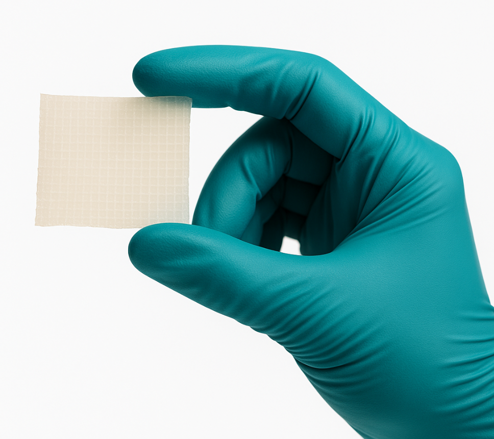 A hand in a blue glove holding a small, square, adhesive bandage against a white background.