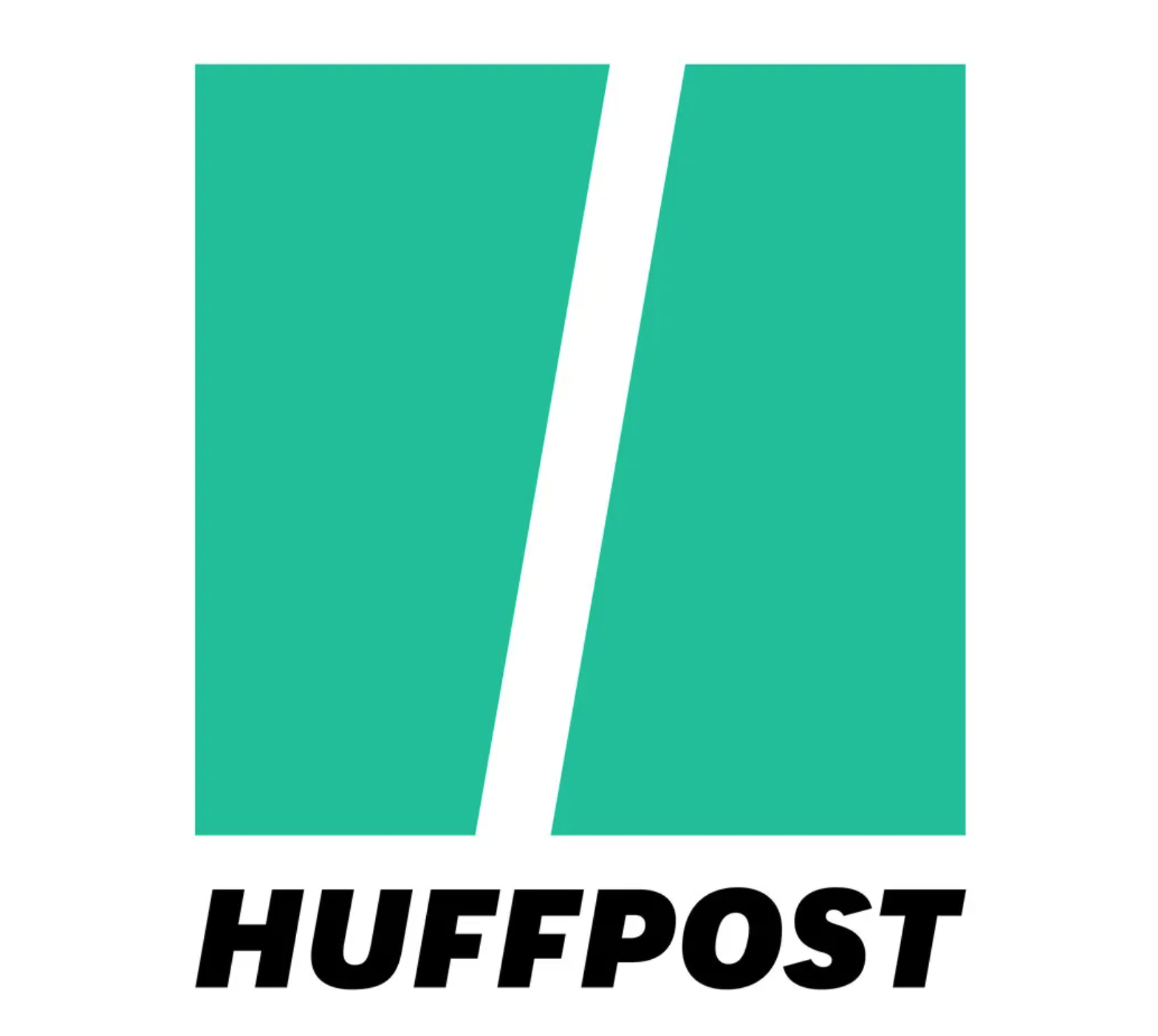 HuffPost logo with teal geometric shapes and bold black text.