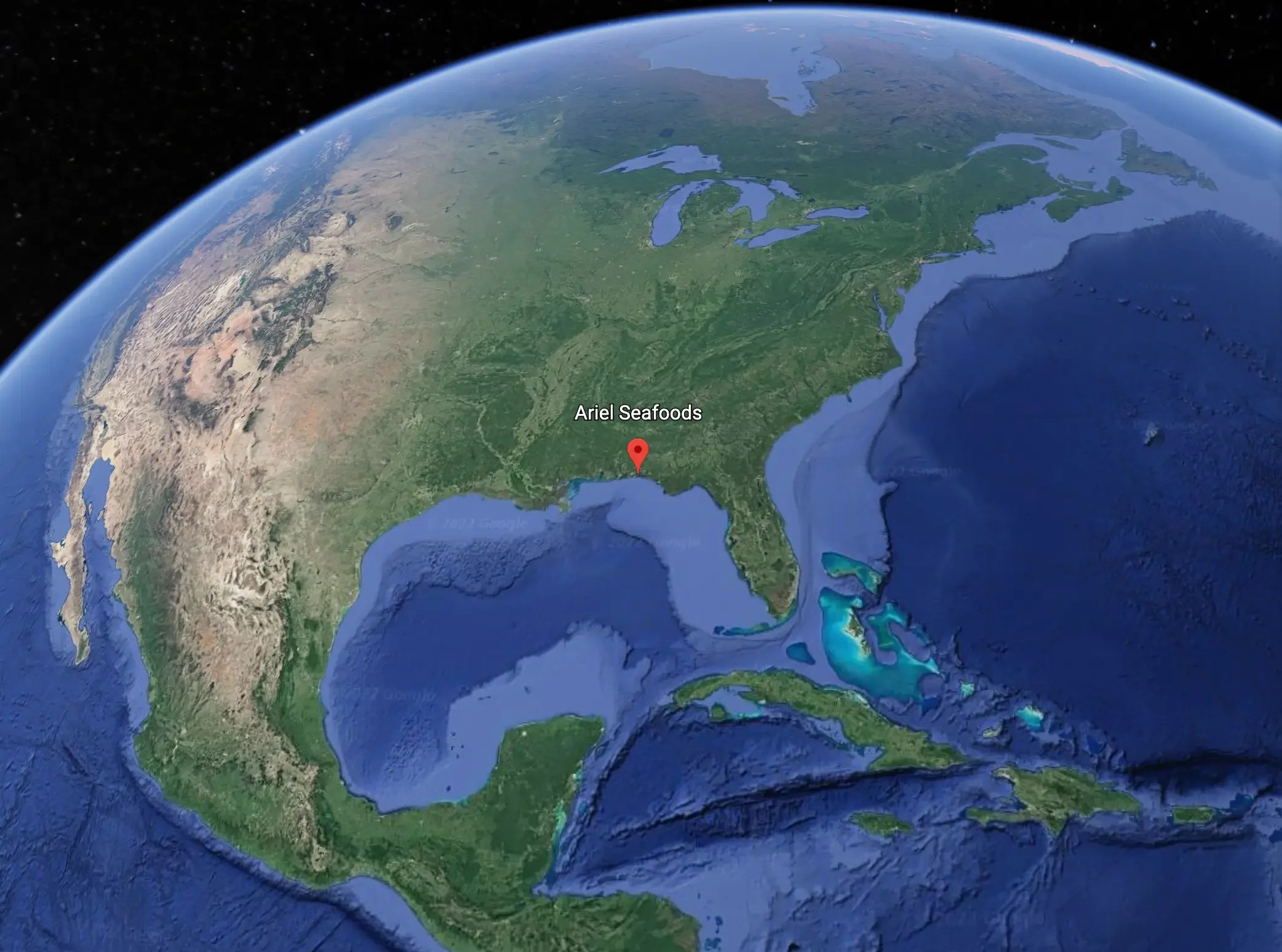 A satellite view of North America showing the eastern United States, with a label for Ariel Seafoods in the southeastern region.