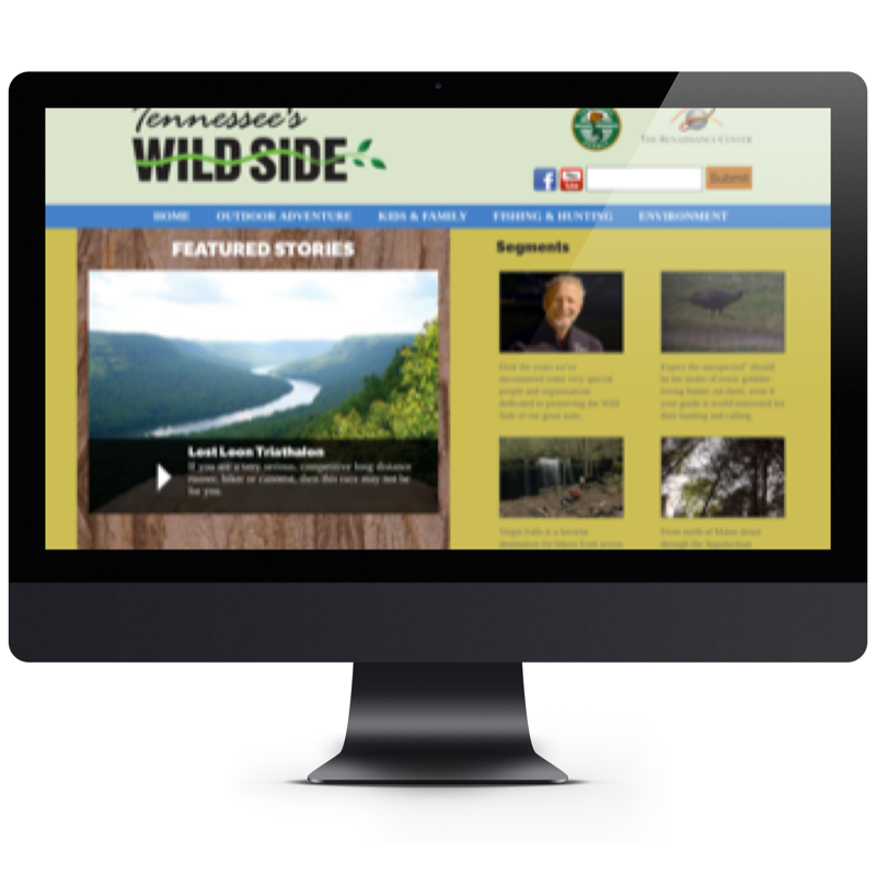Screenshot of a website titled 'Tennessee's Wilderness' showing featured stories, segments, and a scenic landscape video of a river and forest.
