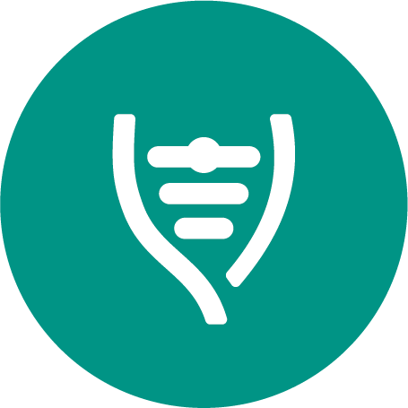 Icon of a DNA double helix in white on a teal circular background.