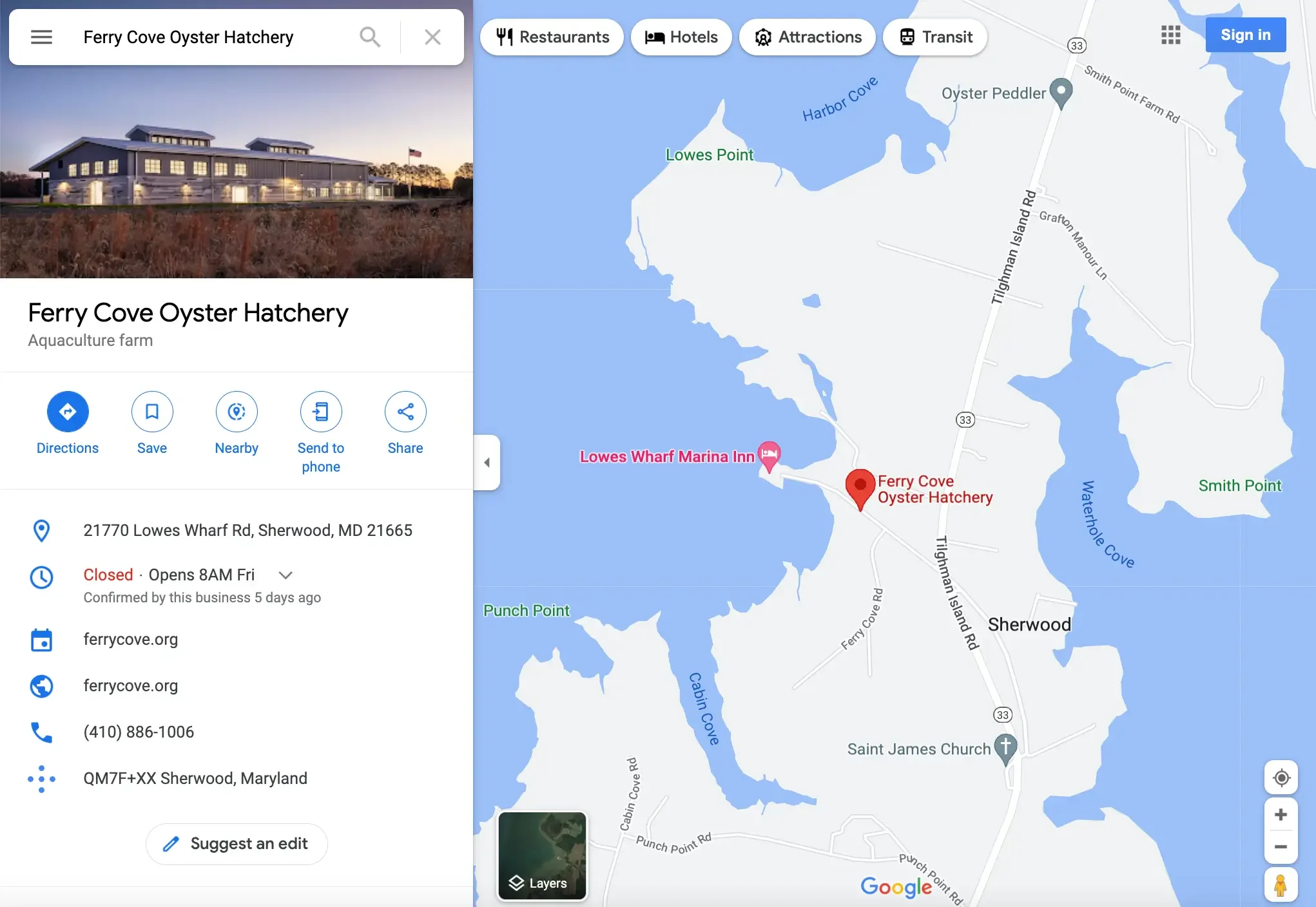 Map showing the location of Ferry Cove Oyster Hatchery in Sherwood, Maryland, along with a photo of the hatchery building and nearby water bodies.