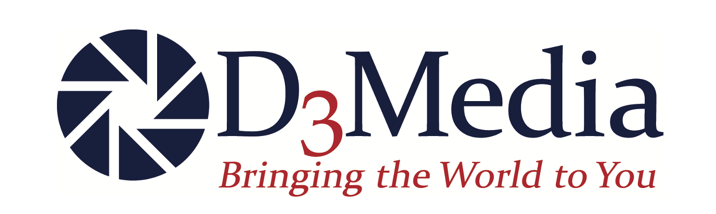Logo for D3 Media with camera lens icon and tagline 'Bringing the World to You'.