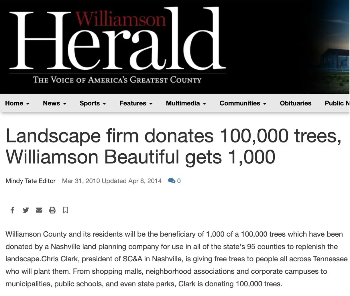 Screenshot of a news article from the Williamson Herald with the headline "Landscape firm donates 100,000 trees, Williamson Beautiful gets 1,000." The article discusses a donation of trees to Williamson County residents by a Nashville company.