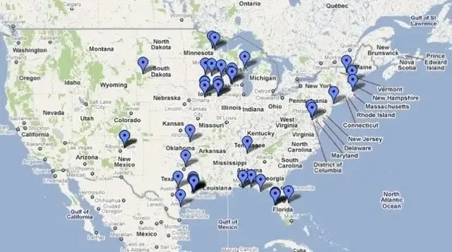 Map of the United States with multiple blue location pins across various states including the Midwest, Southeast, Northeast, and West Coast.