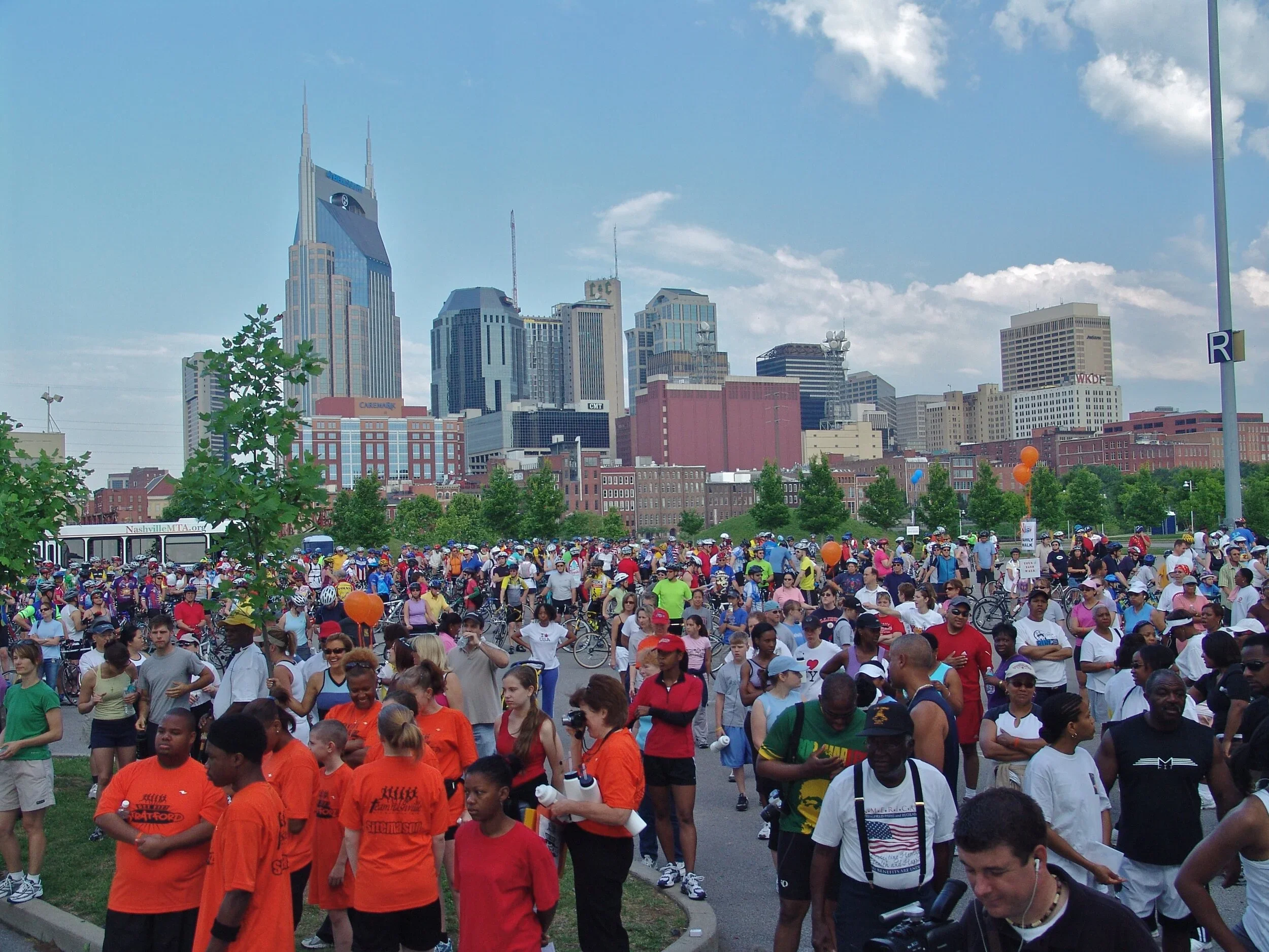 Downtown Nashville skyline with hundreds of event participants in support of healthy living.