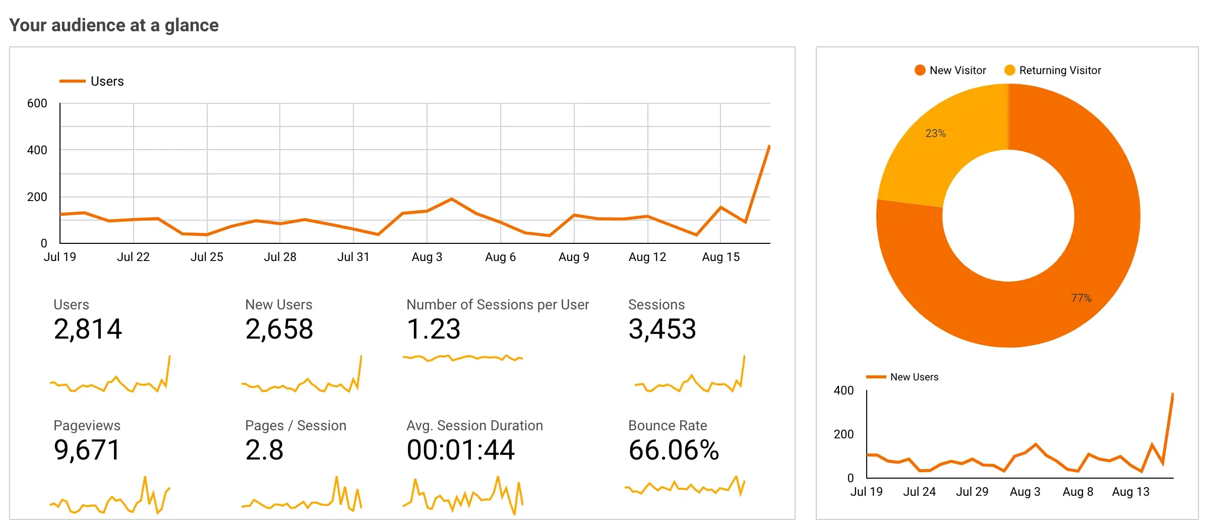 The dashboard view of a small clients' digital  affairs.