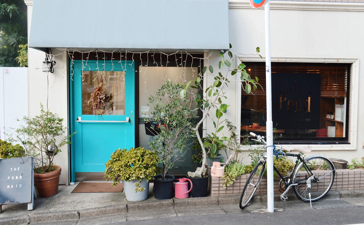 Street view of a storefront with a bright blue door, hanging dried plants, and potted plants outside. A black bicycle is parked and a sign reads "The Pond Hair." Large window displays a logo for a hair salon.