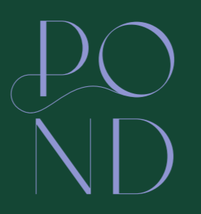 The word "POND" written in large, elegant purple letters on a dark background.