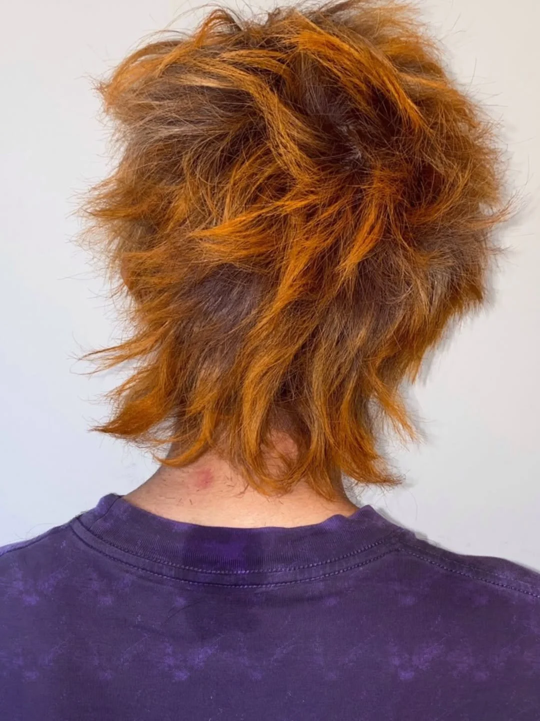 Back view of a person with short, messy, bright orange hair wearing a purple shirt.