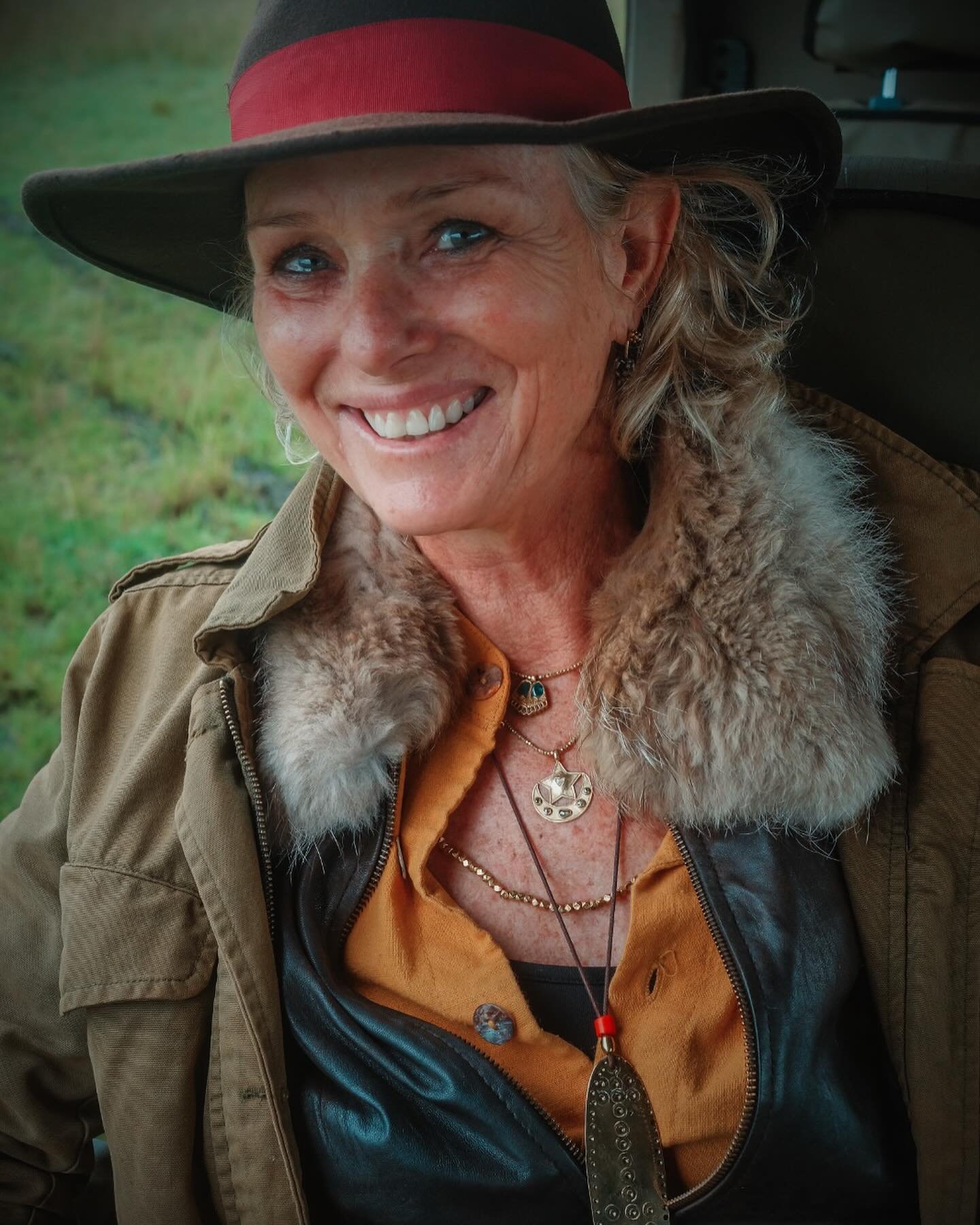 Exquisitely attired, Sally&rsquo;s preferred safari necklace layers of loveliness include:
&bull;Vichnu&rsquo;s Feet Necklace (glorious gold soles inlaid with emeralds and twinkly ruby toes)
&bull;Love You To The Moon Necklace (available in silver or