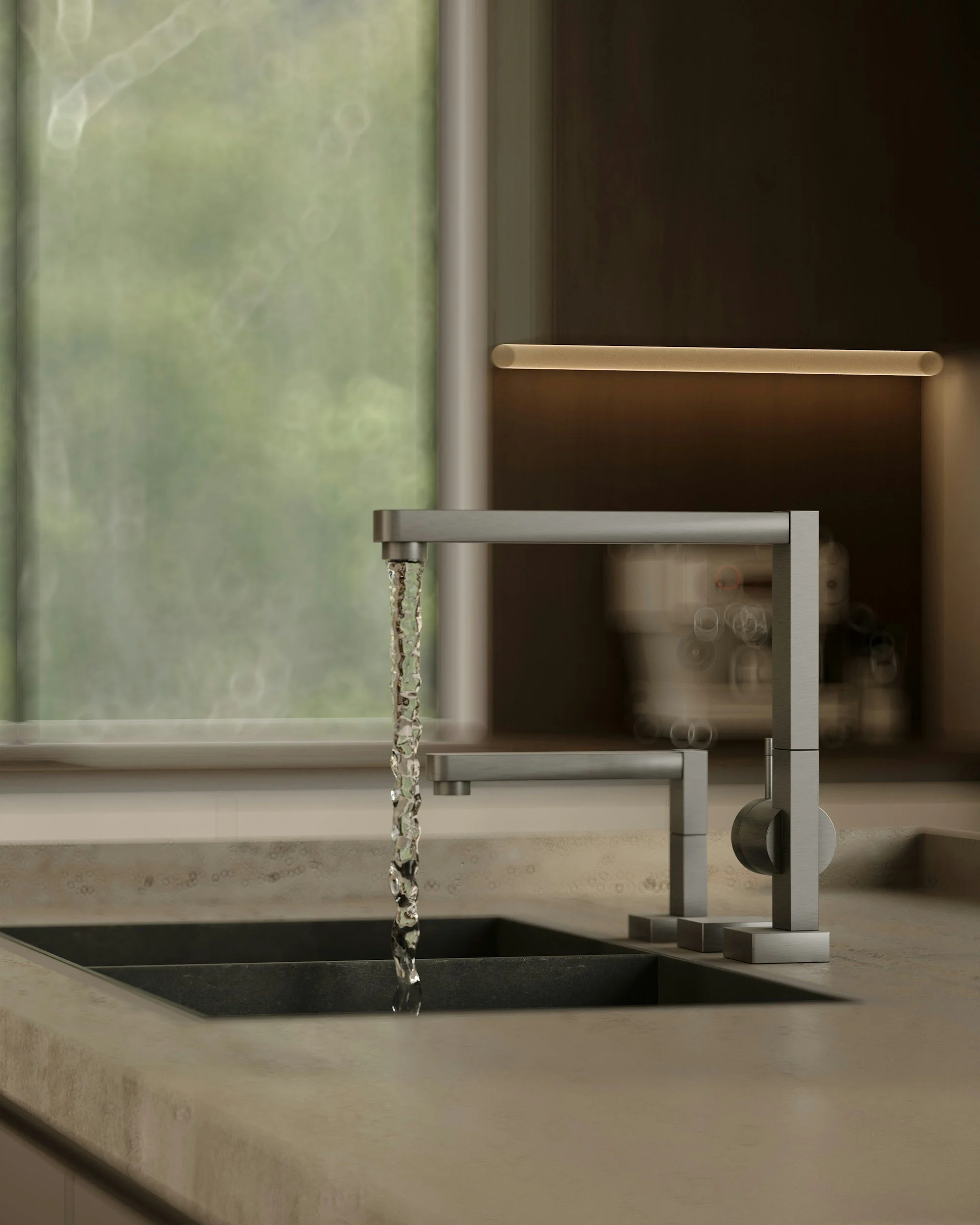 Newly installed kitchen faucet over a sink