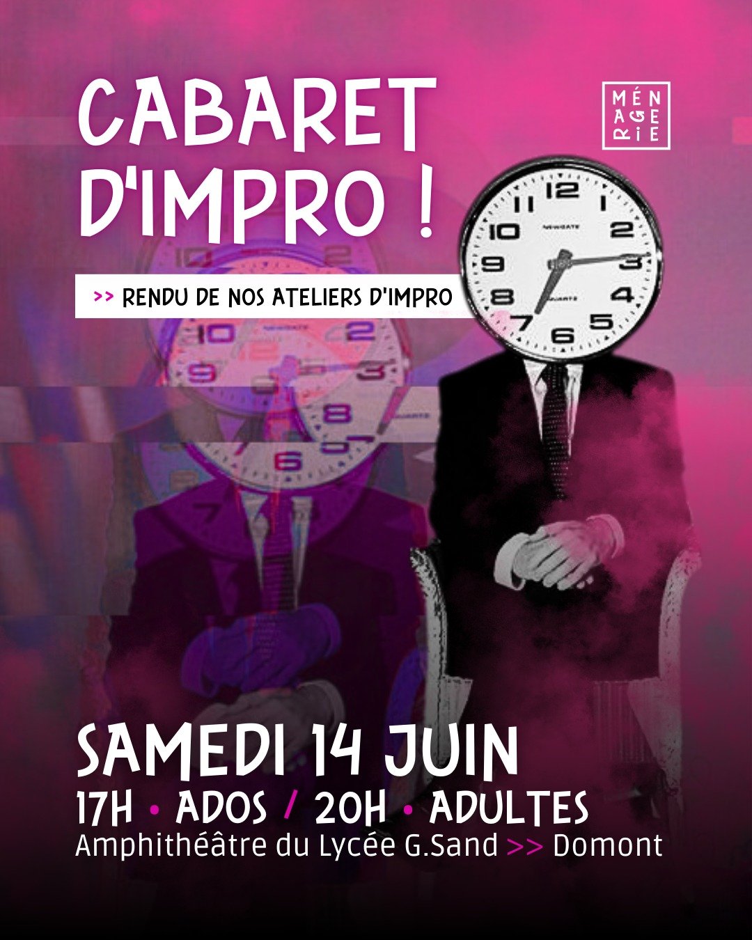 Samedi 14 juin 2025 : nos apprentis font leur Cabaret ! 🎭​

Il est l&rsquo;heure de c&eacute;l&eacute;brer le rendu annuel de nos groupes d&rsquo;apprentis-improvisateurs ... Apr&egrave;s une ann&eacute;e (ou plus !) de pratique, de jeu et d&rsquo;e