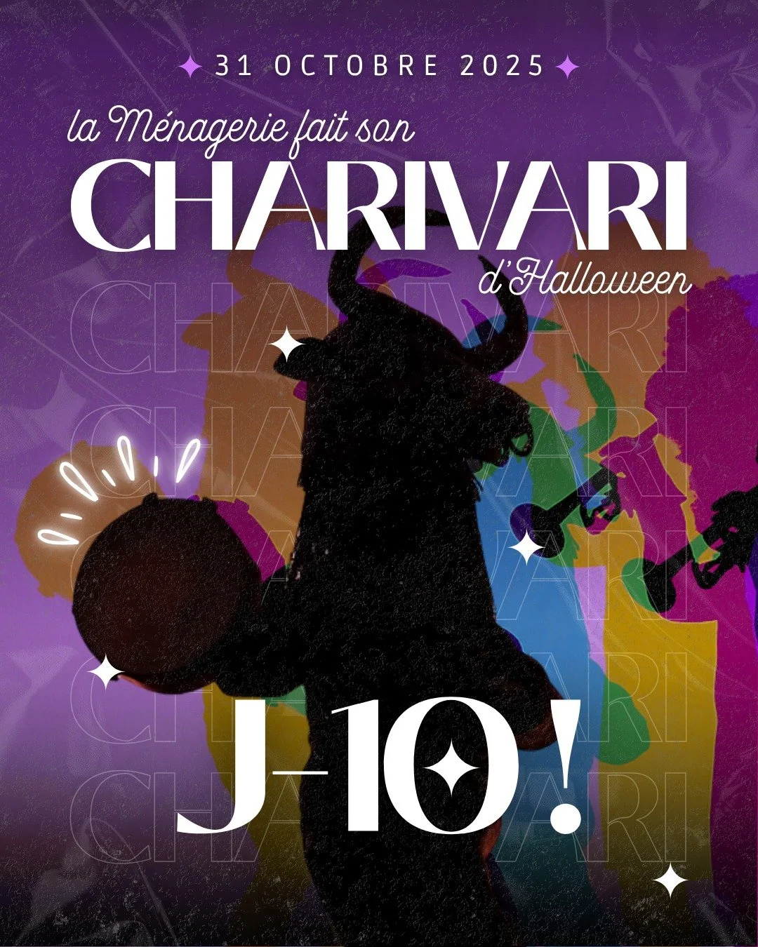 🌙 Plus que 10 jours avant le grand Charivari d’Halloween de la Ménagerie !
Prépare ton costume, échauffe ta voix et viens plonger dans une nuit où tout se mélange : le réel, l’absurde, le festif