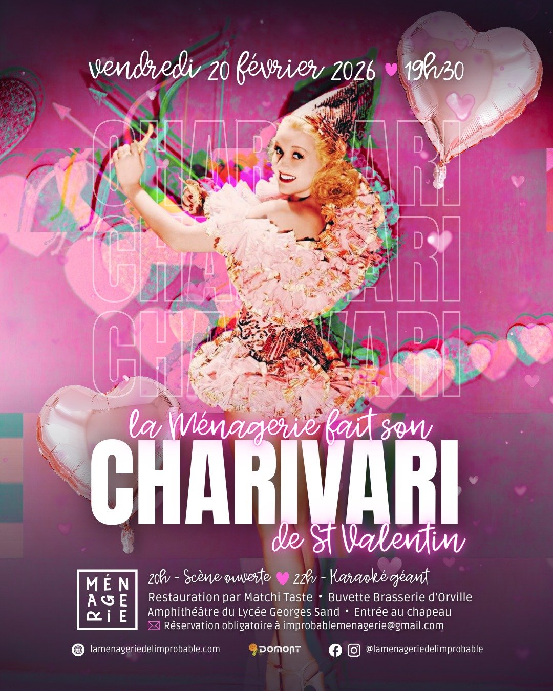 La M&eacute;nagerie de l'Improbable vous invite &agrave; son Charivari de St Valentin 💖

Pour c&eacute;l&eacute;brer l'amour sous toutes ses formes, nous vous invitons &agrave; une soir&eacute;e sp&eacute;ciale et ouverte &agrave; toutes et &agrave;