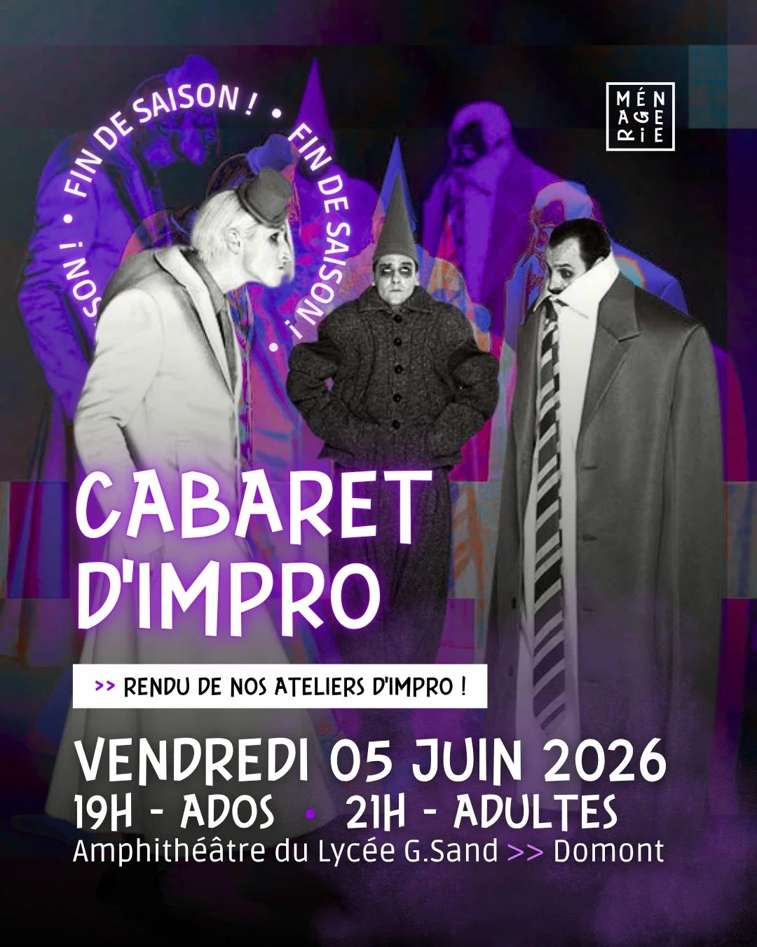 Vendredi 5 juin 2026 &bull; Nos apprentis font leur Cabaret ! 🎭​

Il est l&rsquo;heure de c&eacute;l&eacute;brer le rendu annuel de nos groupes d&rsquo;apprentis-improvisateurs ... Apr&egrave;s une ann&eacute;e (ou plus !) de pratique, de jeu et d&r