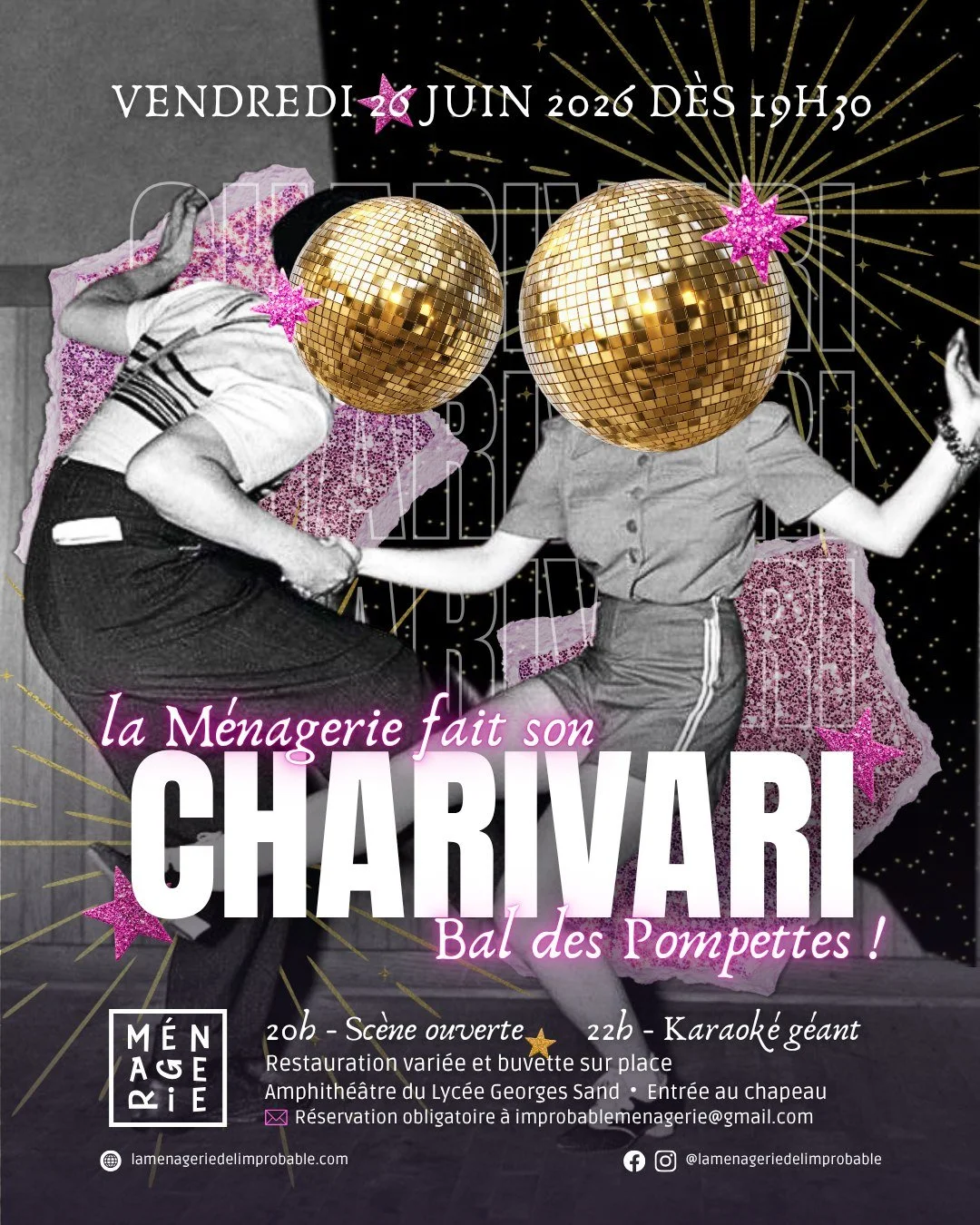 🪩✨ La M&eacute;nagerie fait son CHARIVARI &ndash; &eacute;dition sp&eacute;ciale Bal des Pompettes !

On se retrouve pour le dernier Charivari de la saison, pour ouvrir en grandes pompes la p&eacute;riode des vacances &hellip; Chaussez vos plus bell