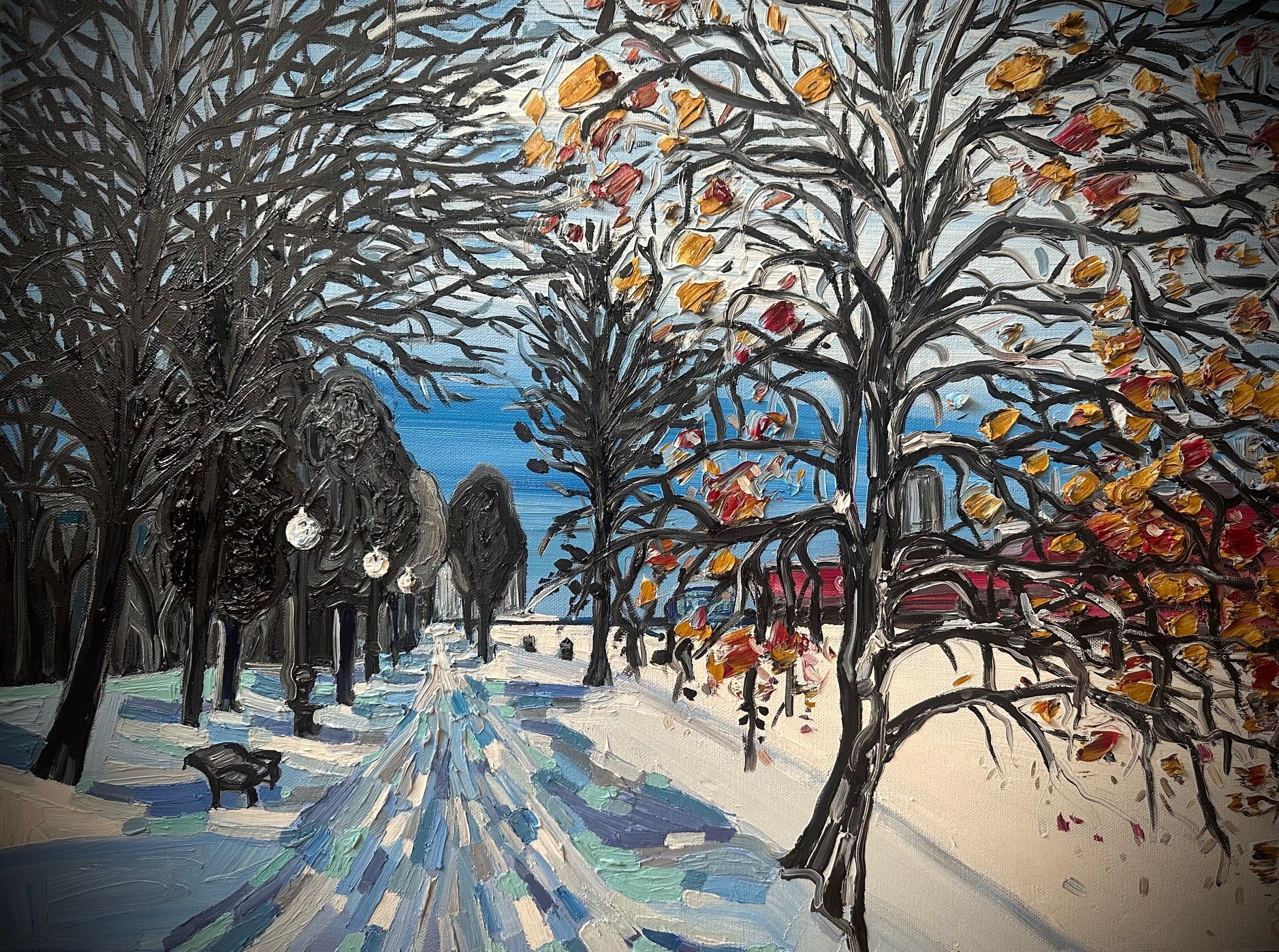 Morning Walk to the Owen Sound Harbour in Winter by the Oakglen Ship
20x24 Inch Oil on Canvas