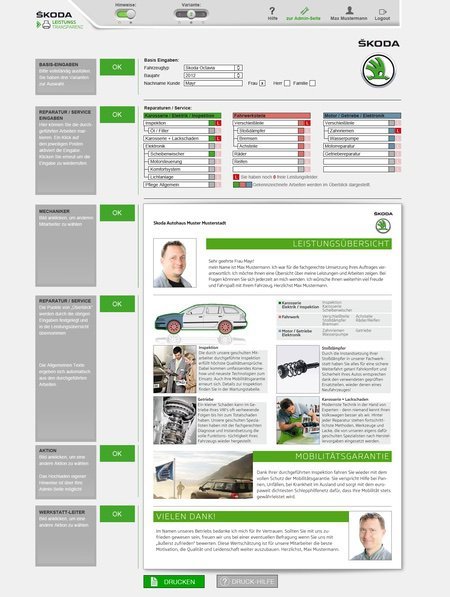 Skoda car maintenance service checklist with repair status, vehicle image, and customer service information.