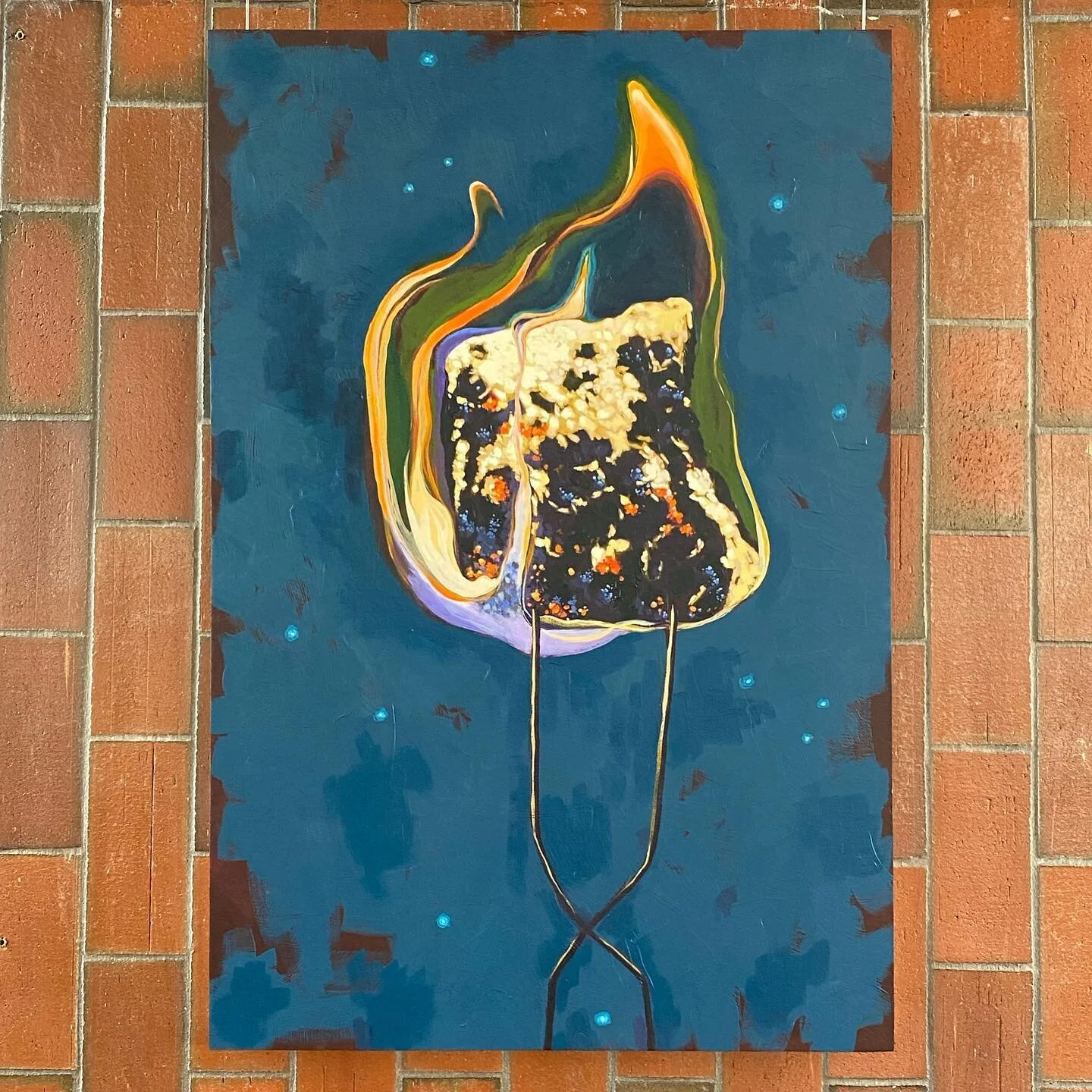 Surprise! The final piece of Linda Moss&rsquo;s show at The Lot is up and on view tonight! &ldquo;Torched&rdquo; is 36x24&rdquo; Acrylic on a wood panel that was handcrafted in Gladewater, TX by @sunbeltmfg and is available for purchase. DM me to add