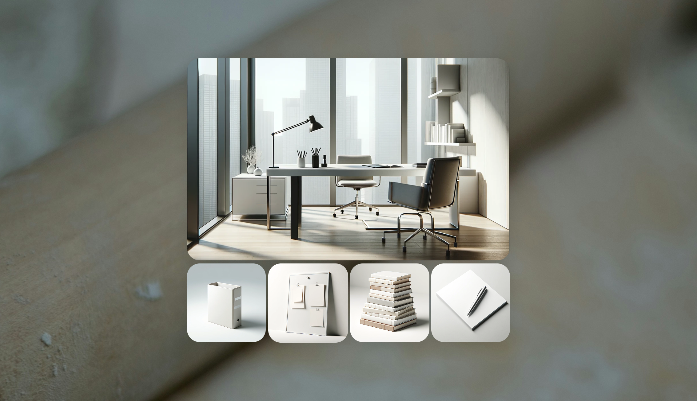 Modern empty office with large windows, white desk, office chairs, bookshelves, and storage cabinets.