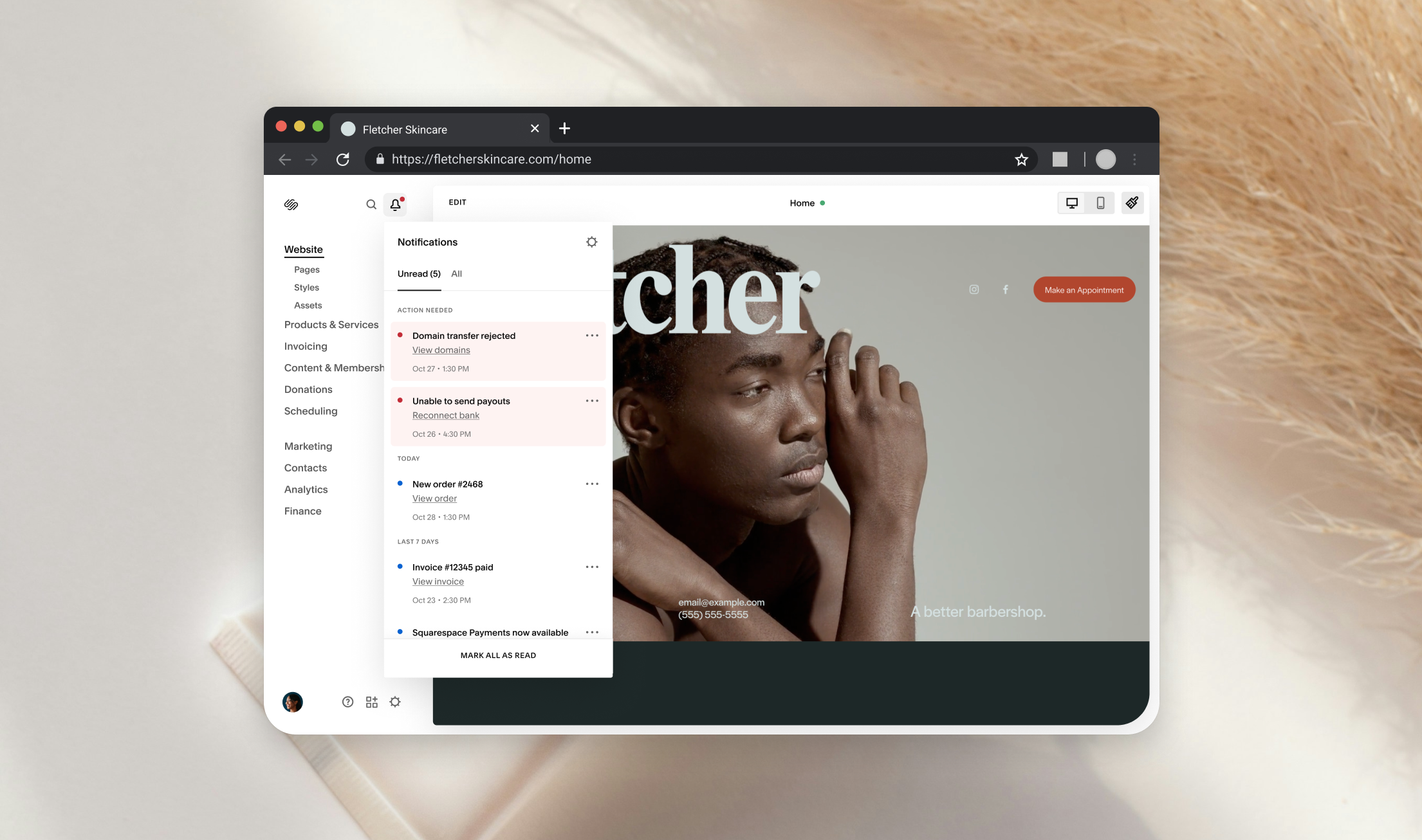 Screenshot of a computer screen displaying a website for Fletcher Skincare with a sidebar showing notifications and a photo of a woman with short curly hair, resting her chin on one hand.